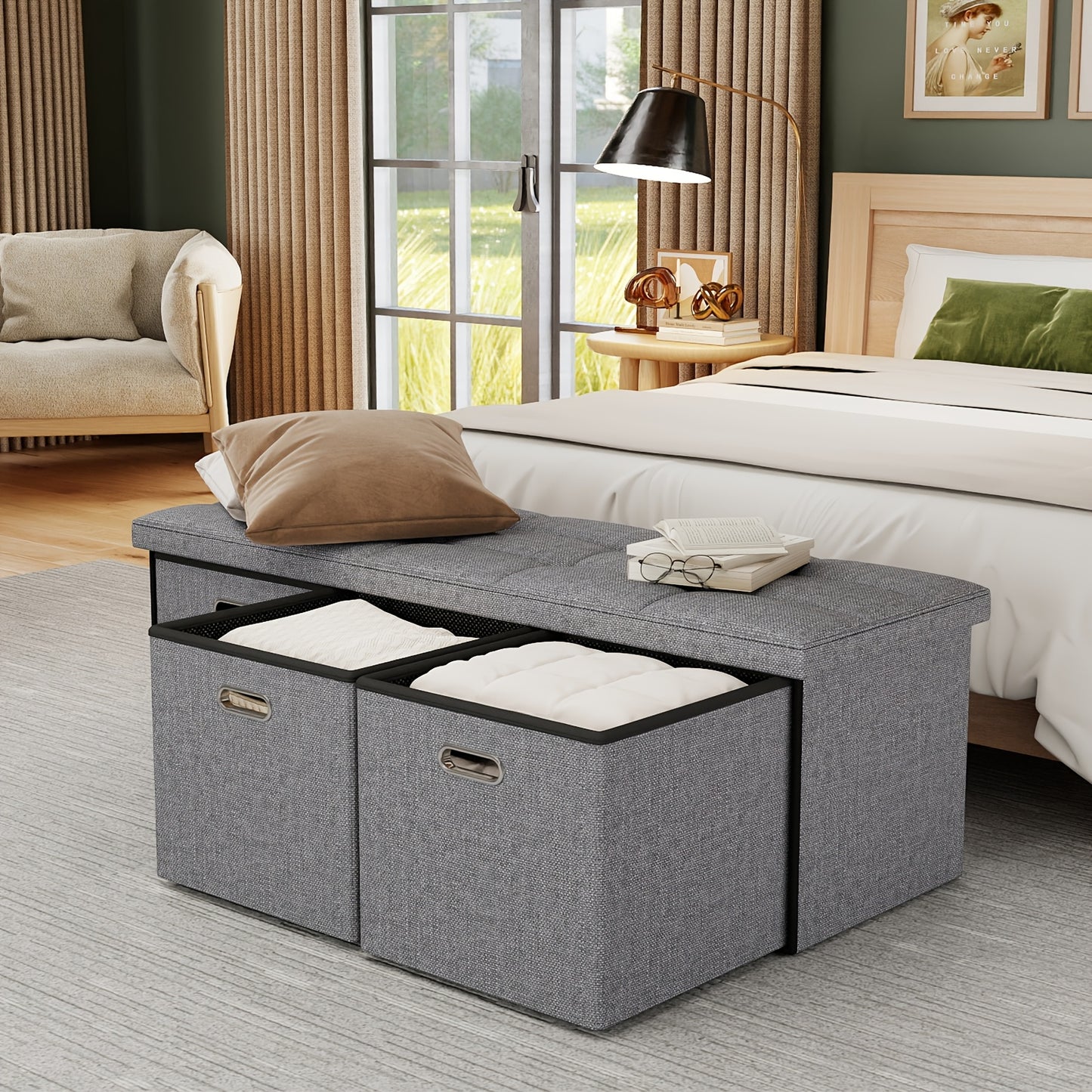 43-Inch Storage Pull-out Ottoman Bench with Hidden Compartment - Heavy-Duty Folding Stool, Soft Synthetic Leather Upholstery, Space-Saving Multi-Functional Footrest for Living Room, Bedroom, Office - 880 Weight Capacity