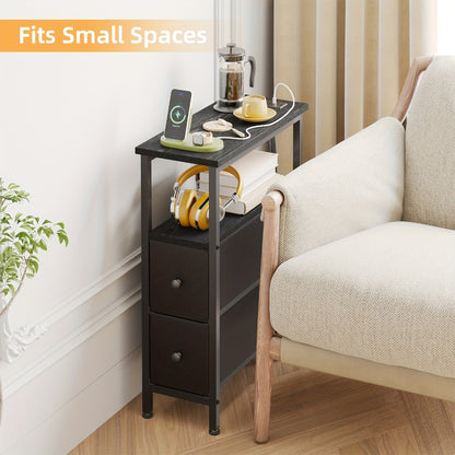 TOMNK Slim End Table for Living Room Featuring a Charging Station, Nightstand with Two Fabric Drawers, Narrow Side Table with Cloth Storage, Compact Nightstand for Bedrooms, Ideal for Small Areas, Sofa