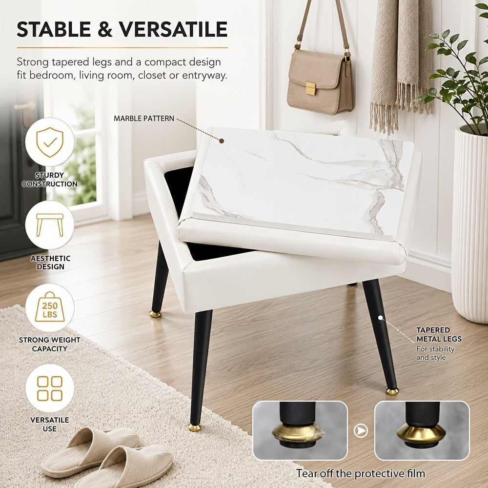 Vanity Stool with Storage Hidden Compartment Gold Metal Legs Upholstered Makeup Chair Shoe Bench Bedroom Accent 5 Colors Pink White Black Purple PU Leather