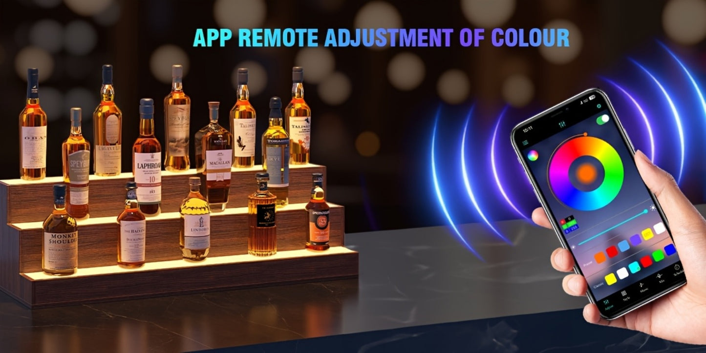 LED Lighted Liquor Bottle Display Shelf, 2-Tier Freestanding Bar Shelf with Warm Glow Lighting, Walnut & Gray Wood Home Bar Shelving Unit for Party Bar Decor