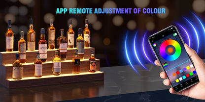 LED Lighted Liquor Bottle Display Shelf, 2-Tier Freestanding Bar Shelf with Warm Glow Lighting, Walnut & Gray Wood Home Bar Shelving Unit for Party Bar Decor
