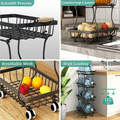 Stackable Metal Storage Cart with Wheels 4/5 Tier - Fruit Vegetable Basket Rotating Narrow Gap Corner Rack for Kitchen Pantry and Bathroom
