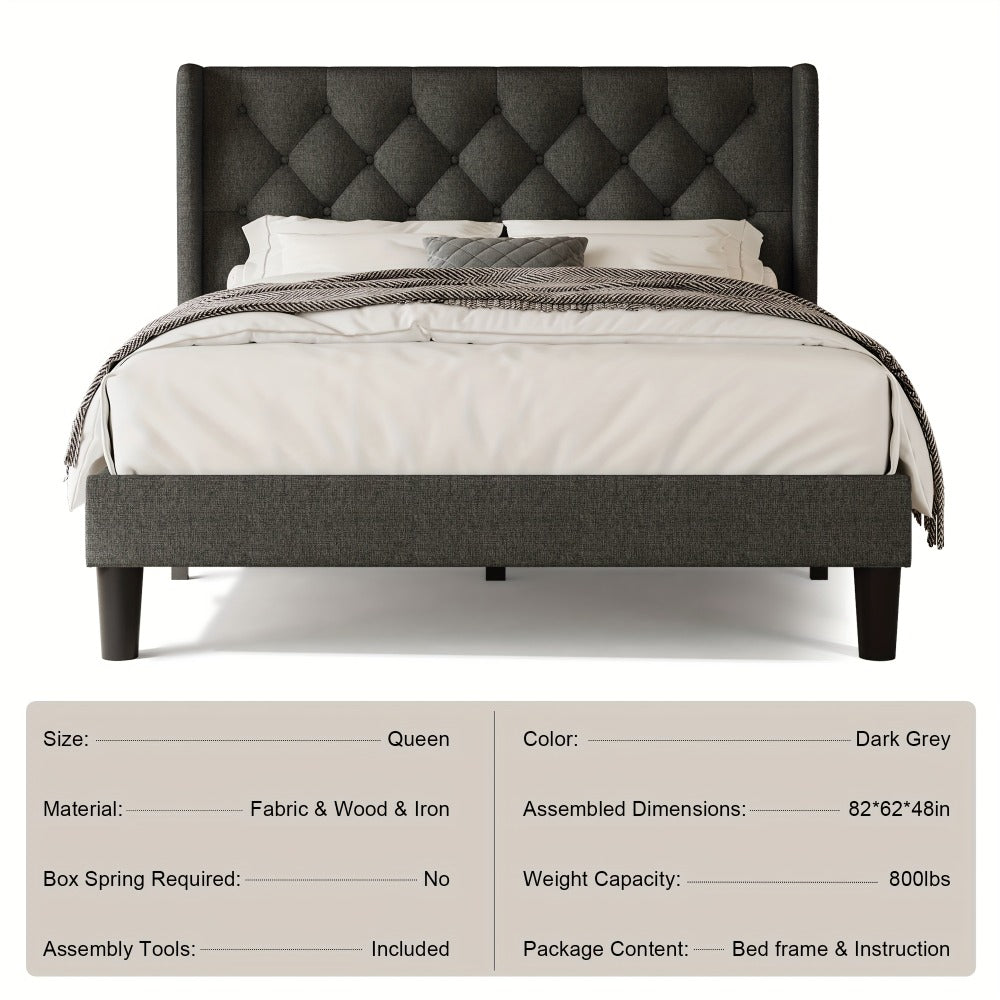 Modern Platform Bed Frame with 24-Inch Button-Tufted Headboard – Solid Wood Slats, Artistic Legs, Linen & Velvet, Dark Gray Light Grey Beige White Black, Full Queen King