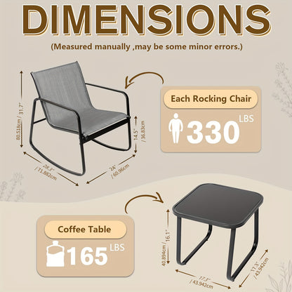 [Outdoor Rocking Set] 3pcs Outdoor Rocking Bistro Set, Furniture Set with Patio Rocking Chairs And Glass-Top Table, for Porch, Lawn, Garden, Yard, Balcony And Poolside
