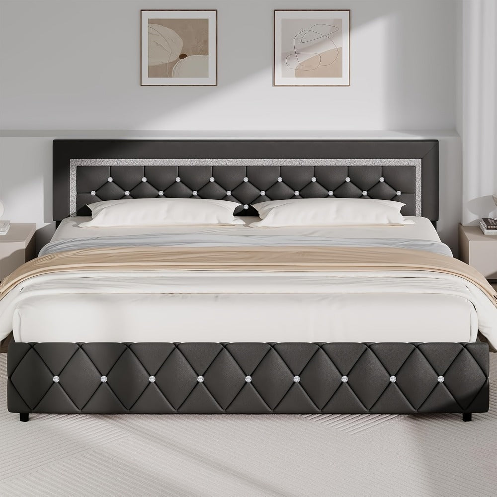 Upholstered Platform Bed Frame with Button-Tufted Diamond Headboard – Wooden Slats, No Box Spring Needed, Twin Full Queen King, Black White Pink Green Gray Beige