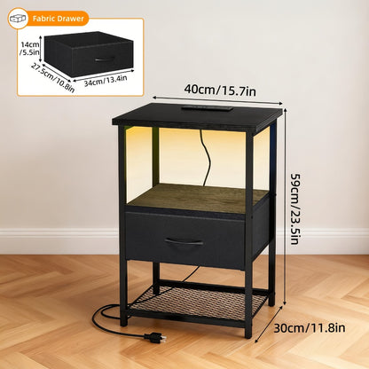 Nightstand with Charging Station, LED Light & Drawer – PU Finish Bedside Table for Bedroom, Black, Rustic Brown or White (1 or 2 Piece Set)