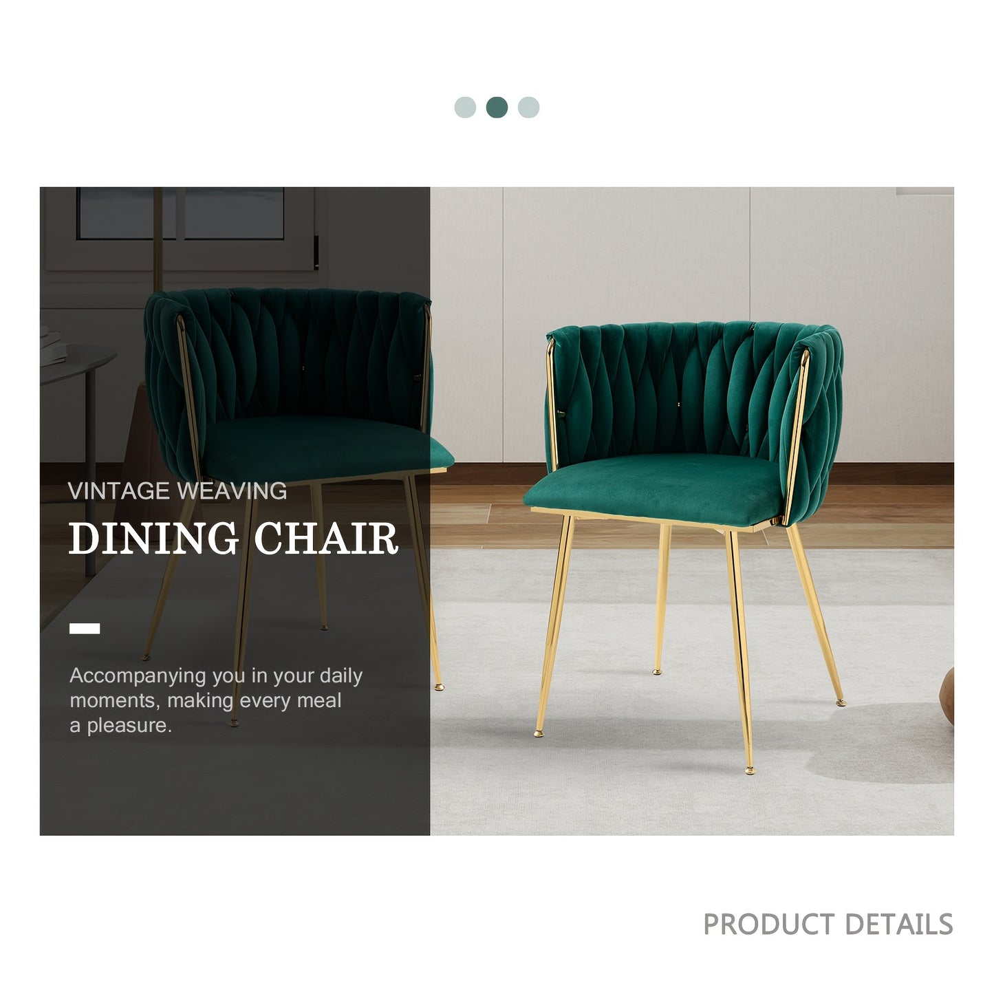 Velvet Dining Chairs Set of 2, Accent Chairs With Golden Metal Legs, Woven Upholstered, For Living Room/Bedroom/Kitchen