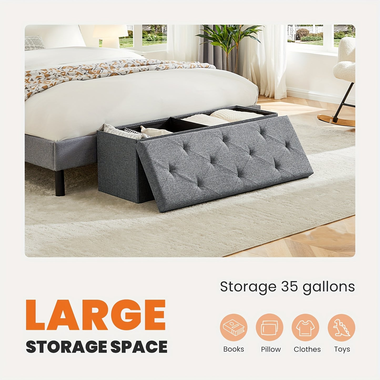 Storage Ottoman Bench, FoldingOttoman Stool, Ottoman with Storage, StorageChest, End Of Bed Bench, Padded Seat, StorageBench with Seating for Bedroom, Living Room, Mother's Day Thoughtful Gift