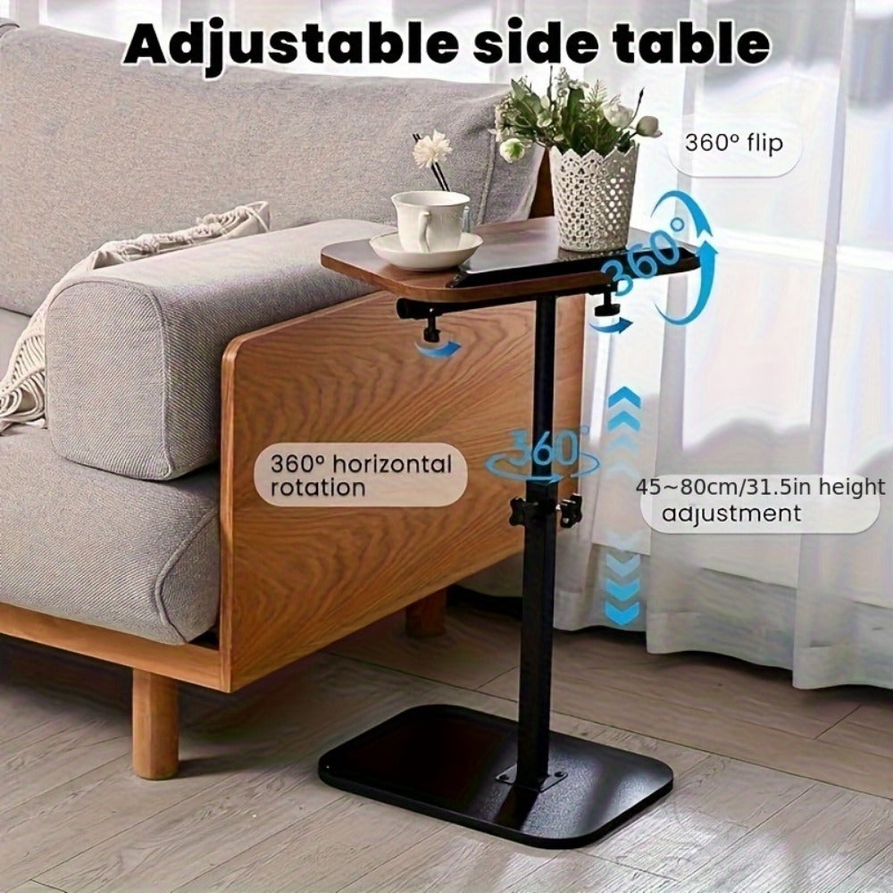 C-Shaped Lift Table with Adjustable Height and Cork Tabletop, Iron Frame Side Table for Sofa Bed Bathtub Outdoor, Coffee Table Laptop Desk for Living Room Bedroom Bathroom Office, Black or Walnut