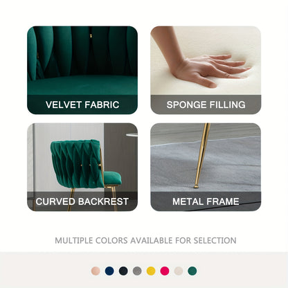 Velvet Dining Chairs Set of 2, Accent Chairs With Golden Metal Legs, Woven Upholstered, For Living Room/Bedroom/Kitchen