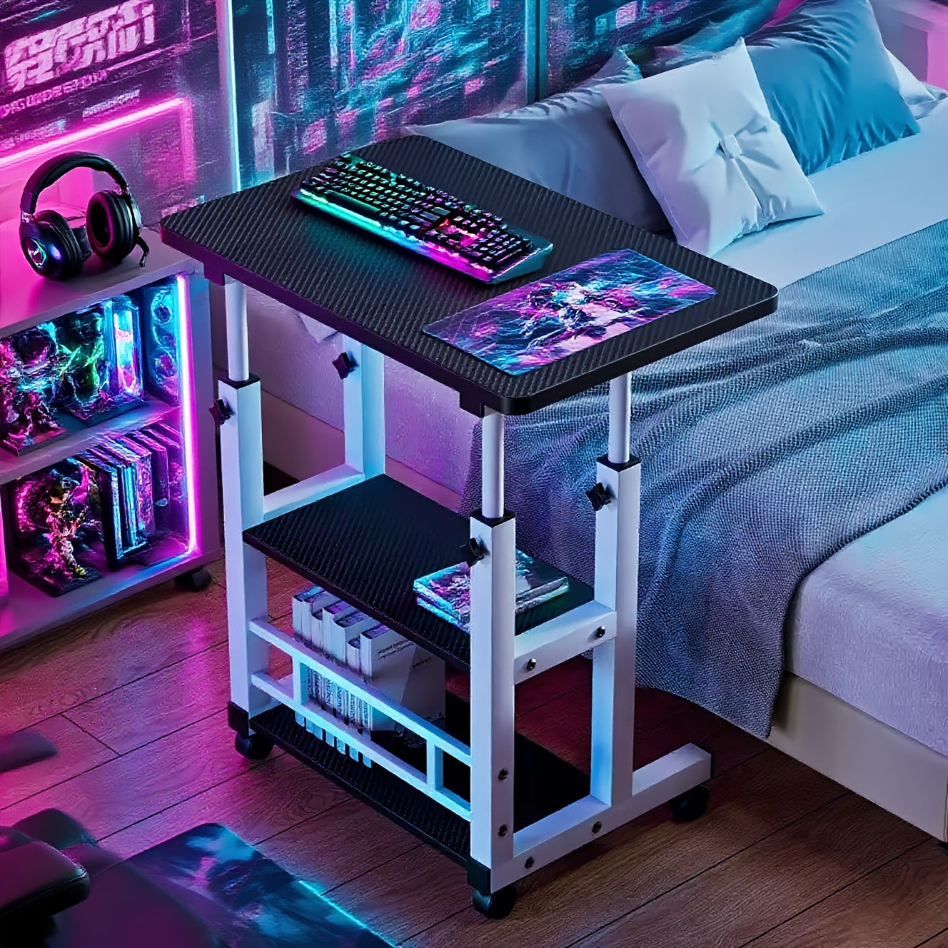 Adjustable Height Mobile Desk - Laptop Table for Students/Home Office, Small Space Standing Desk with Storage, Wheeled for Bedroom Use