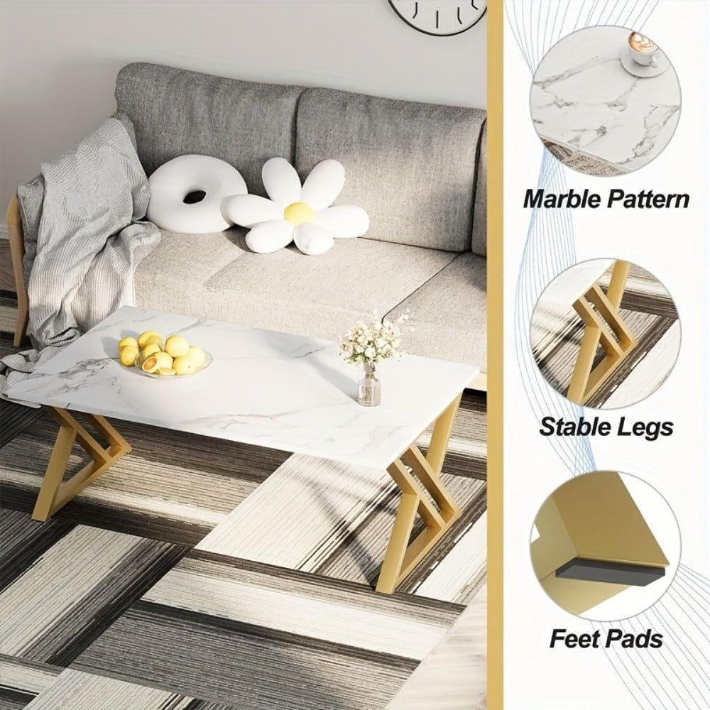 Faux Marble Coffee Table Rectangular with Sturdy Metal Frame, Modern Industrial Center Table for Living Room Bedroom Home Office