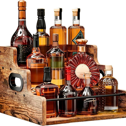 Solid Wood Countertop Liquor Bottle Display Shelf 3 Step Wine Rack Bar Organizer for Home Bar Whiskey Spirits Coffee Syrup Spice Rack