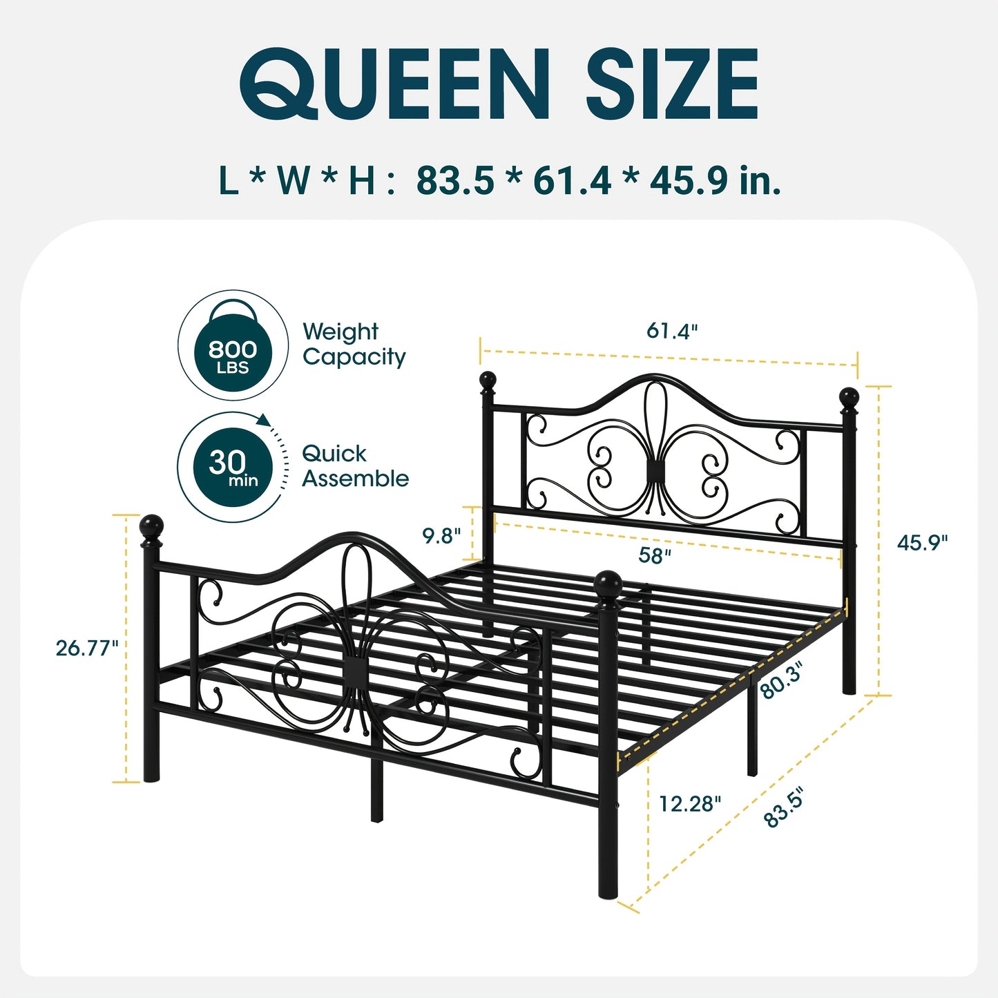 WEEWAY Metal Bed Frame with Headboard, Platform Bed with Butterfly Pattern Design Headboard & Footboard, No Box Spring Required, Easy Assembly