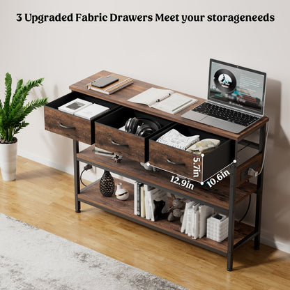 3-Tier Console Table with Charging Station 2 AC Outlets 2 USB Ports Fabric Drawers Open Shelves Narrow Entryway Sofa Table for Hallway Living Room Small Spaces