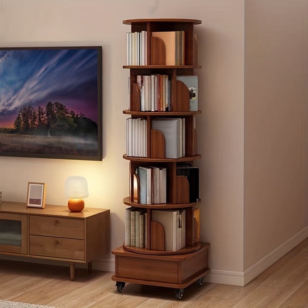 (UPGRADED) Rotating Bookshelf, 360 Display Corner Bookshelf for Small Space, 6 Tier Bookcase Storage Rack with Wheels, Wood Narrow Organizer for Bedroom, Living Room, Study Room, Walnut Brown, Shelves