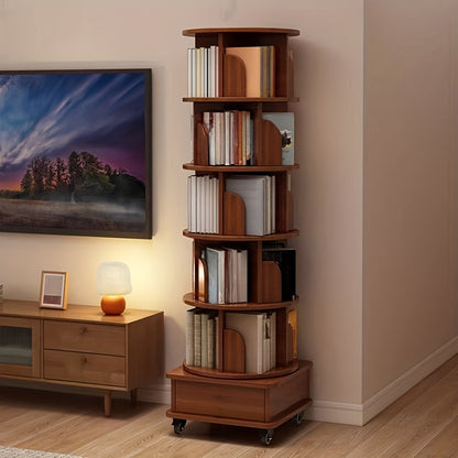 (UPGRADED) Rotating Bookshelf, 360 Display Corner Bookshelf for Small Space, 6 Tier Bookcase Storage Rack with Wheels, Wood Narrow Organizer for Bedroom, Living Room, Study Room, Walnut Brown, Shelves