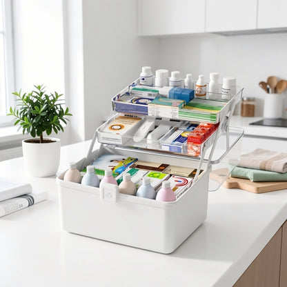 Large-Capacity Multi-Tier Medication & First Aid - Plastic Medicine Chest with Freestanding, Suitable for Home Organization, Emergency Box for Medicines,, Small Tools, Polypropylene