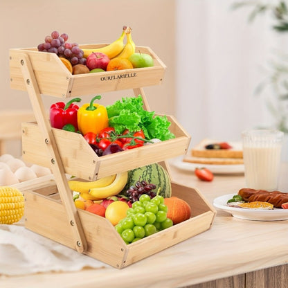 Bamboo Fruit Basket Rack for Kitchen Counter – 2 or 3 Tier Countertop Produce Storage with Ventilation, Removable Hooks & Non-Slip Pads, Natural Wood Organizer for Fruits, Vegetables & Bread