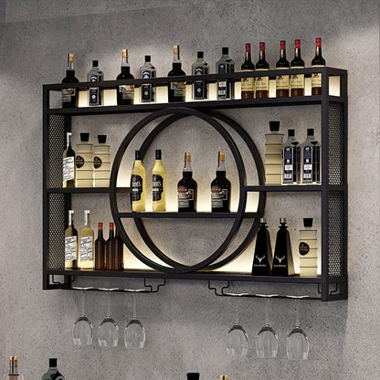 Bottle Rack with LED Lighting, Wall Mounted Glass Holder, 3-Tier Drink Storage Shelf, Floating Wall Display Rack, Iron Beverage Shelf with Glass Holder for Kitchen, Living Room, Bar Area -Golden/Black, Kitchen Organization, Modern Wine Shelf, Highquality