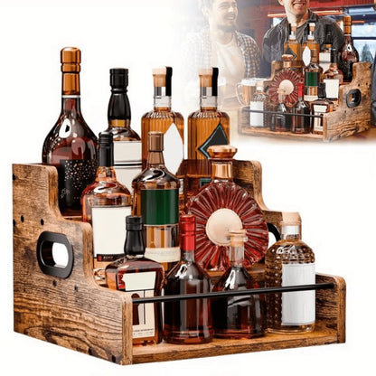 Solid Wood Countertop Liquor Bottle Display Shelf 3 Step Wine Rack Bar Organizer for Home Bar Whiskey Spirits Coffee Syrup Spice Rack