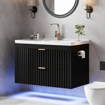 24" 2pcs/1pc Bathroom Vanity with Sink, 24" Floating Bathroom Vanity with LED, 24" with 3-Hole Ceramic Vanity Sink, Wave Line Design, 2pcs Soft-Close Drawers, Wall-Mounted Cabinet for Small Spaces, Black/White