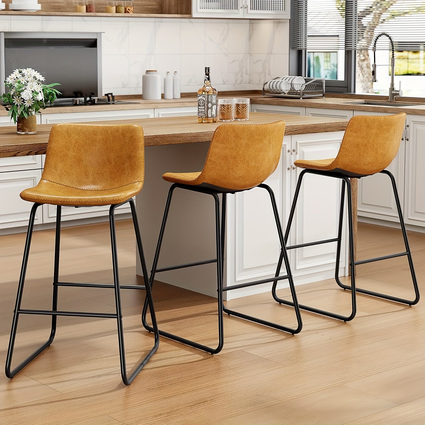 Bar Stools Set Of 3/2, Faux Leather Counter Height Bar Stools, 26" Modern Barstools With Metal Legs & Footrest, Upholstered Armless Counter Chairs With Soft Cushion Back For Kitchen Island, Living Room