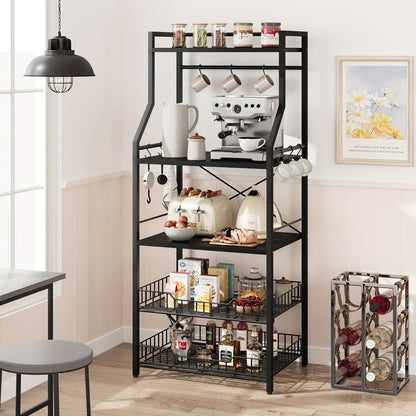 5-Tier Bakers Rack with 2 Wire Baskets - Microwave Oven Stand, Industrial Kitchen Storage Shelf, Coffee Bar Station & Utility Organizer for Home Kitchen