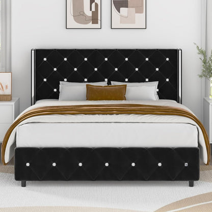Diamond Tufted Bed Frame with Wingback Headboard & Silvery Side Wings – Upholstered, No Box Spring, Twin Full Queen King, 6 Colors