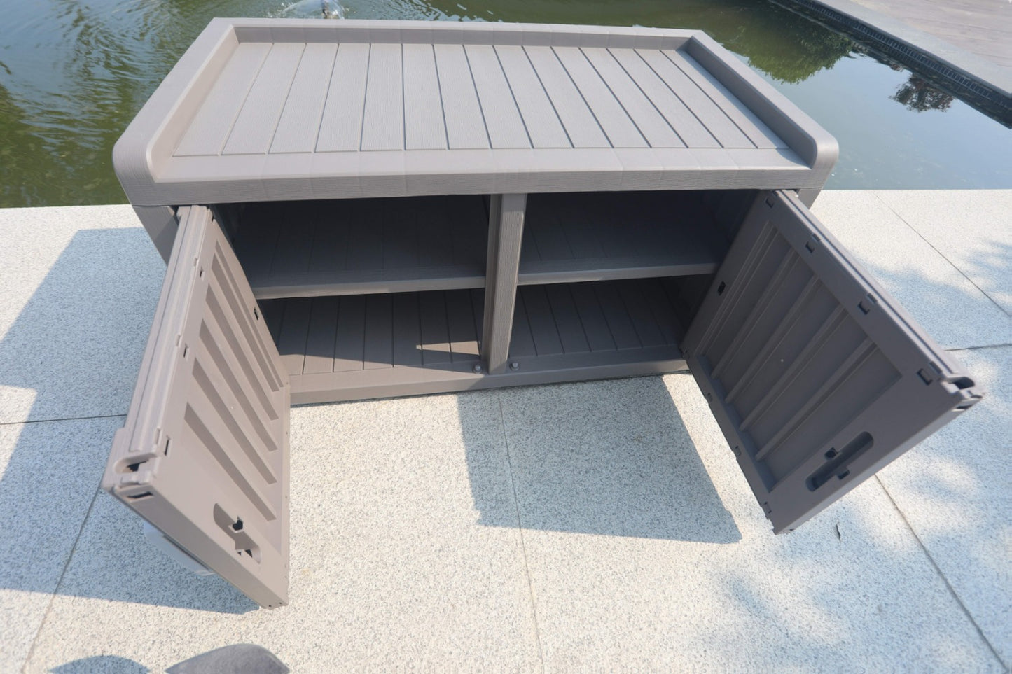 Outdoor Storage Bench with Double Doors & Adjustable Shelf, Entryway Storage Cabinet for Garden Tools & Outdoor Gear, 31.89" Patio Storage Stool in Black & Light Brown, Holiday Gift Idea