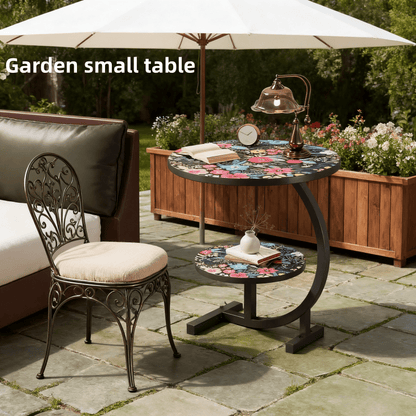 3-in-1 Modern Floral Pattern Multifunctional Courtyard Round Table - Convertible Coffee/side Table/outdoor Furniture, Double-layer Design, Wooden Tabletop And Metal Frame, Suitable for Courtyard, Garden/outdoor Use - Space Saving Circular Design