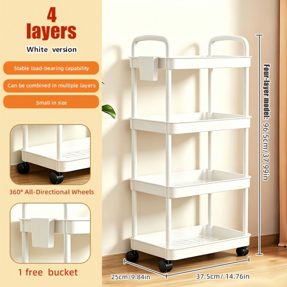 Rolling Utility Cart with Handle & Wheels, 3 4 or 5 Tier Plastic Storage Trolley for Office Kitchen Living Room Bathroom, Movable Multi-Functional Organizer Cart, White & Black
