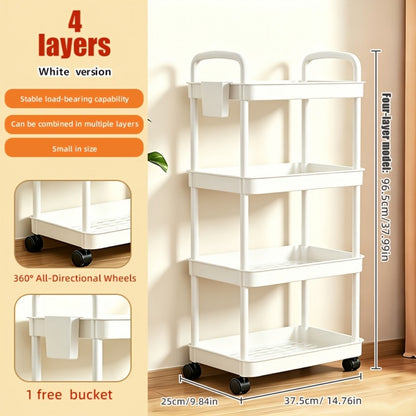 Rolling Utility Cart with Handle & Wheels, 3 4 or 5 Tier Plastic Storage Trolley for Office Kitchen Living Room Bathroom, Movable Multi-Functional Organizer Cart, White & Black