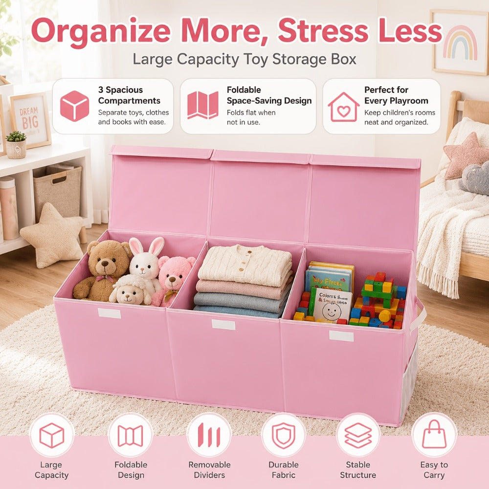 Extra Large Collapsible Storage Bin with Mesh Pockets, 40"x14"x16" Foldable Toy Box Organizer for Kids Girls Bedroom Playroom Home, Pink Sturdy Storage Basket