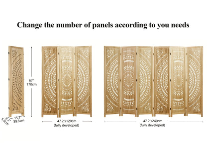 Antique White/Natural Wood 94.5 Inch Folding Room Divider, 3/6 Panels Wood Carved Boho Privacy Screens, Free Assembled Freestanding Partition For Home Office Bedroom Restaurant Studio Apartment