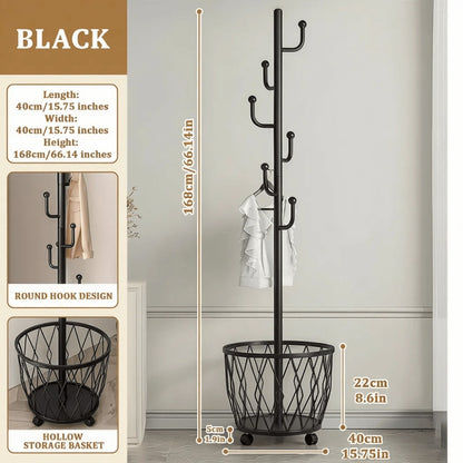 Freestanding Rolling Coat Rack with Storage Basket, Heavy-Duty Metal Garment Hanger with Hooks and Wheels, Space-Saving Clothes Organizer for Entryway Bedroom Living Room