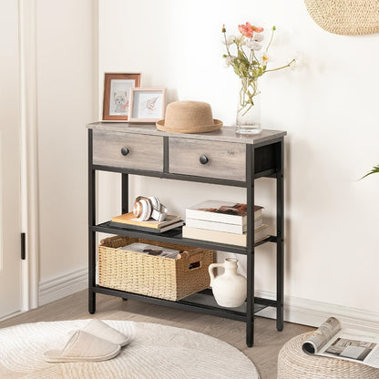 Narrow Console Table 29.5 Inch with 2 Fabric Drawers & 3-Tier Storage Shelves, Rustic Brown & Black Entryway Sofa Table for Living Room Hallway