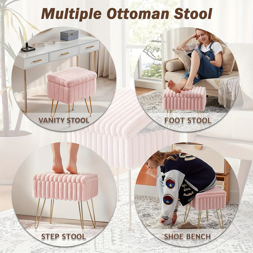Vanity Chair with Storage, Multi-Functional Makeup Chair Storage Stool, Makeup Chair Shoe Changing Dual Purpose Stool with 4 Golden Metal Bases, Suitable for Cosmetic Storage, Bedroom, Living Room, Study Room Home Decoration, Home Decor Gift