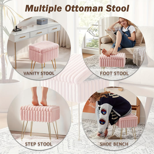 Vanity Chair with Storage, Multi-Functional Makeup Chair Storage Stool, Makeup Chair Shoe Changing Dual Purpose Stool with 4 Golden Metal Bases, Suitable for Cosmetic Storage, Bedroom, Living Room, Study Room Home Decoration, Home Decor Gift