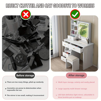 Vanity Desk, Makeup Vanity Desk with Mirror And Lights, Vanity Table Set with 5 Drawers, Stool And Open Shelves, 3 Light Settings Adjustable Brightness, White