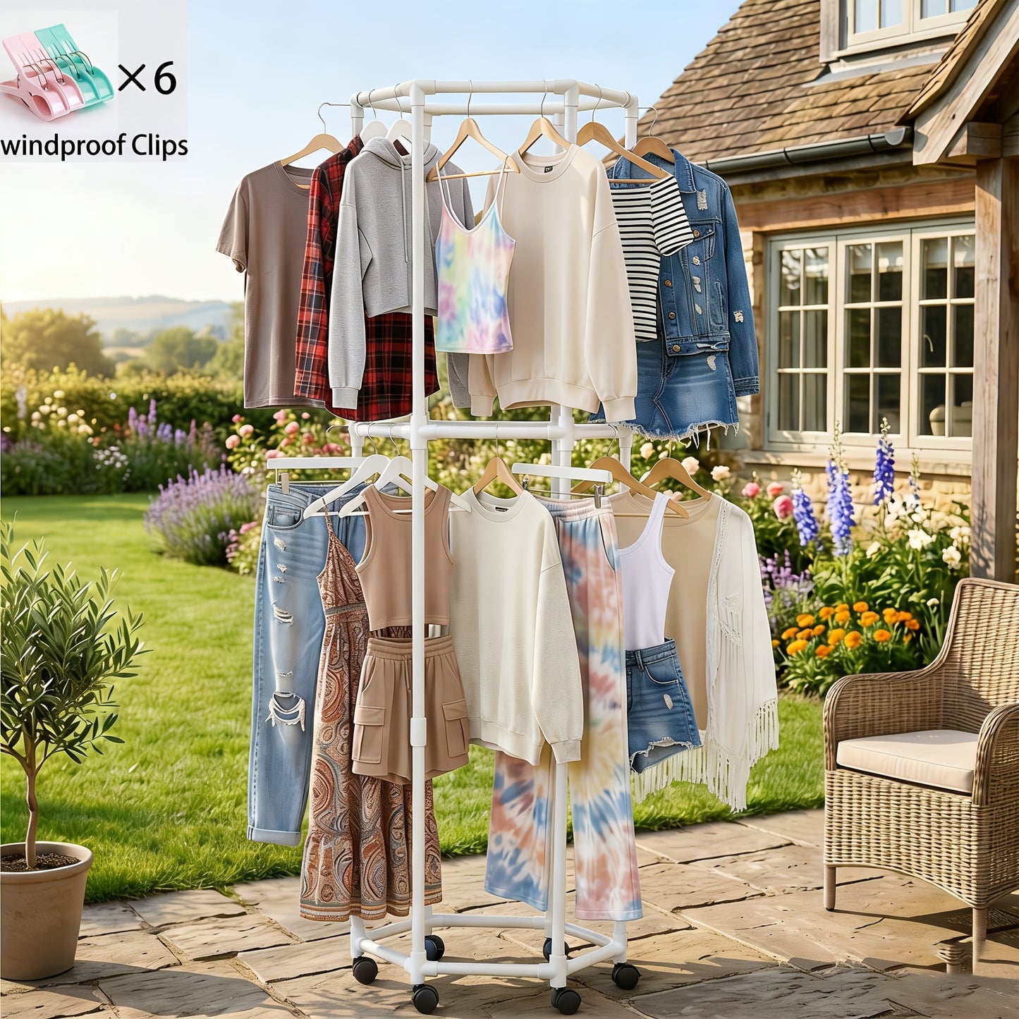 Rotating Clothing Rack with Wheels, Heavy Duty Metal Garment Rack for Hanging Clothes, Multifunctional Rotating Clothing Organizer, Freestanding Closet Organizer for Bedroom, Laundry Room, Space Saving Closet Storage for Coats, Dresses, Pants