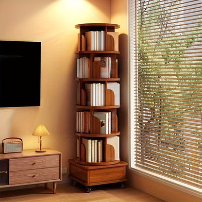 360 Rotating Bookshelf 6 Tier Corner Bookcase with Wheels Narrow Wood Storage Rack for Small Space Bedroom Living Room Study Walnut Brown