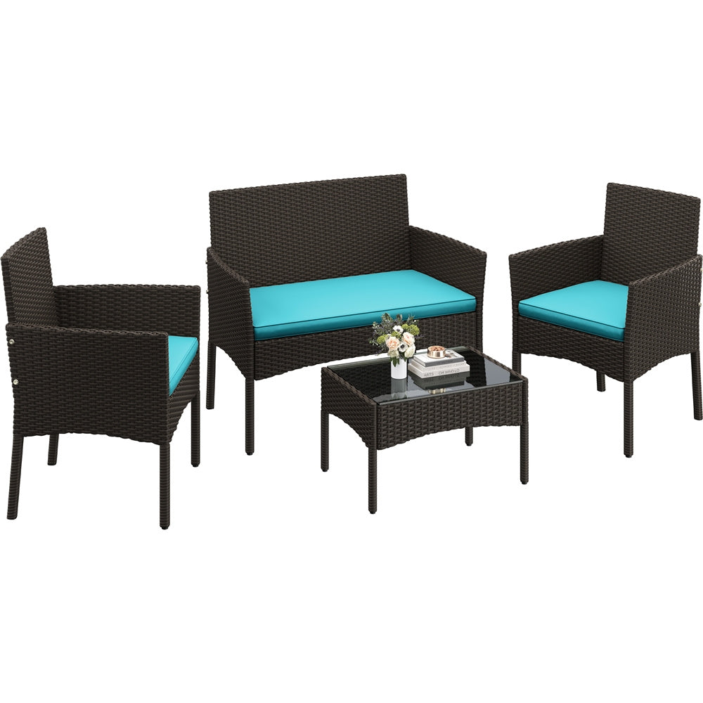 Costoffs Patio Furniture Set 4 Pieces Conversation Sets, Rattan Chair Wicker Set Loveseat with Soft Cushion and Glass Table Halloween Patio Furniture for Backyard Porch Garden Poolside Balcony