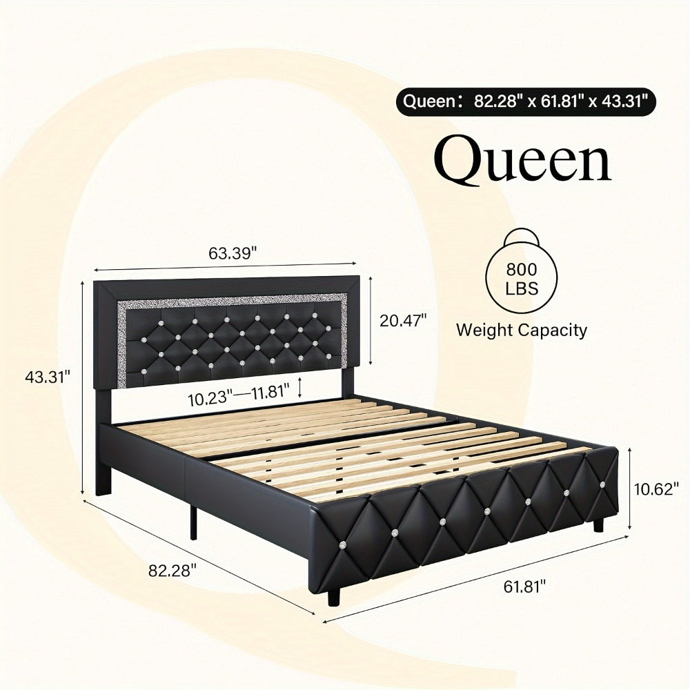 Upholstered Bed Frame with Diamond Tufted Headboard, Faux Leather Headboard and Footboard, Wooden Slat Support, No Box Spring Needed, Easy Assembly, Twin Full Queen King, Black