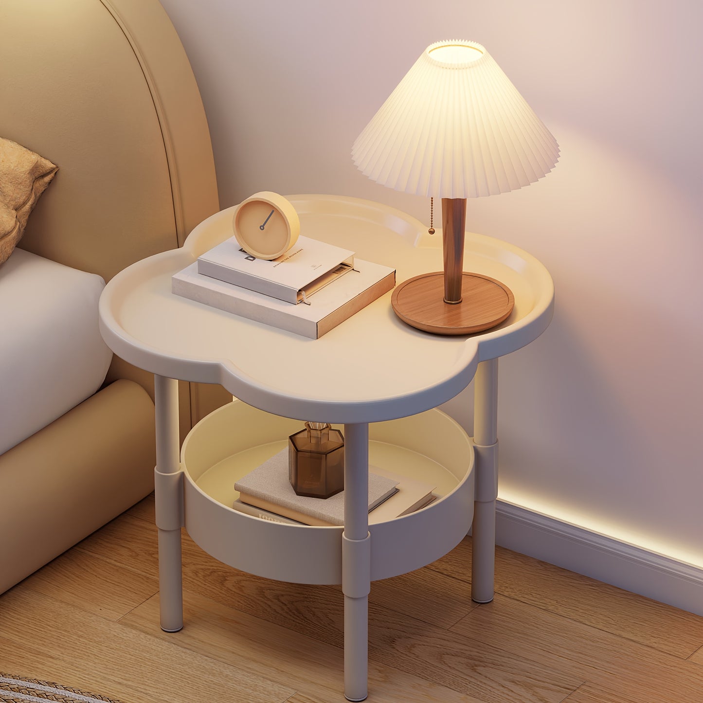 2-Tier Round Flower Shaped Side Table with Lower Shelf - Space-Saving Compact Design for Small Spaces, Easy Assembly Lightweight Durable Plastic Construction, Ideal for Living Room, Bedroom, Office - Ideal Gift for Home Decor