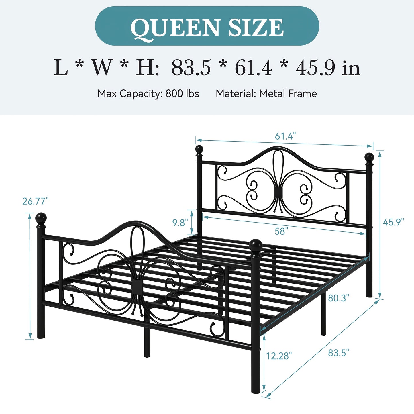 HOOMIC Platform Bed Frame, Metal Bed Frame Featuring a Butterfly Pattern on The Headboard And Footboard, No Box Spring Required, Easy to Assemble