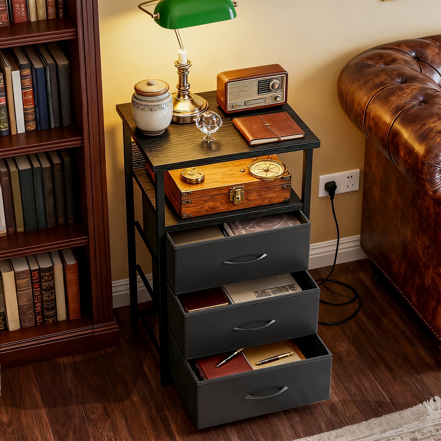 [Halloween Christmas] TOMNK Night Stand With Charging Station Set Of 1/2, Dresser For Bedroom With LED Light, Side Table With USB Port, 3/4 Fabric Drawers With PU End, For Small Spaces, Closet, School And Dormitory Storage, Entryway, For Halloween And Chr