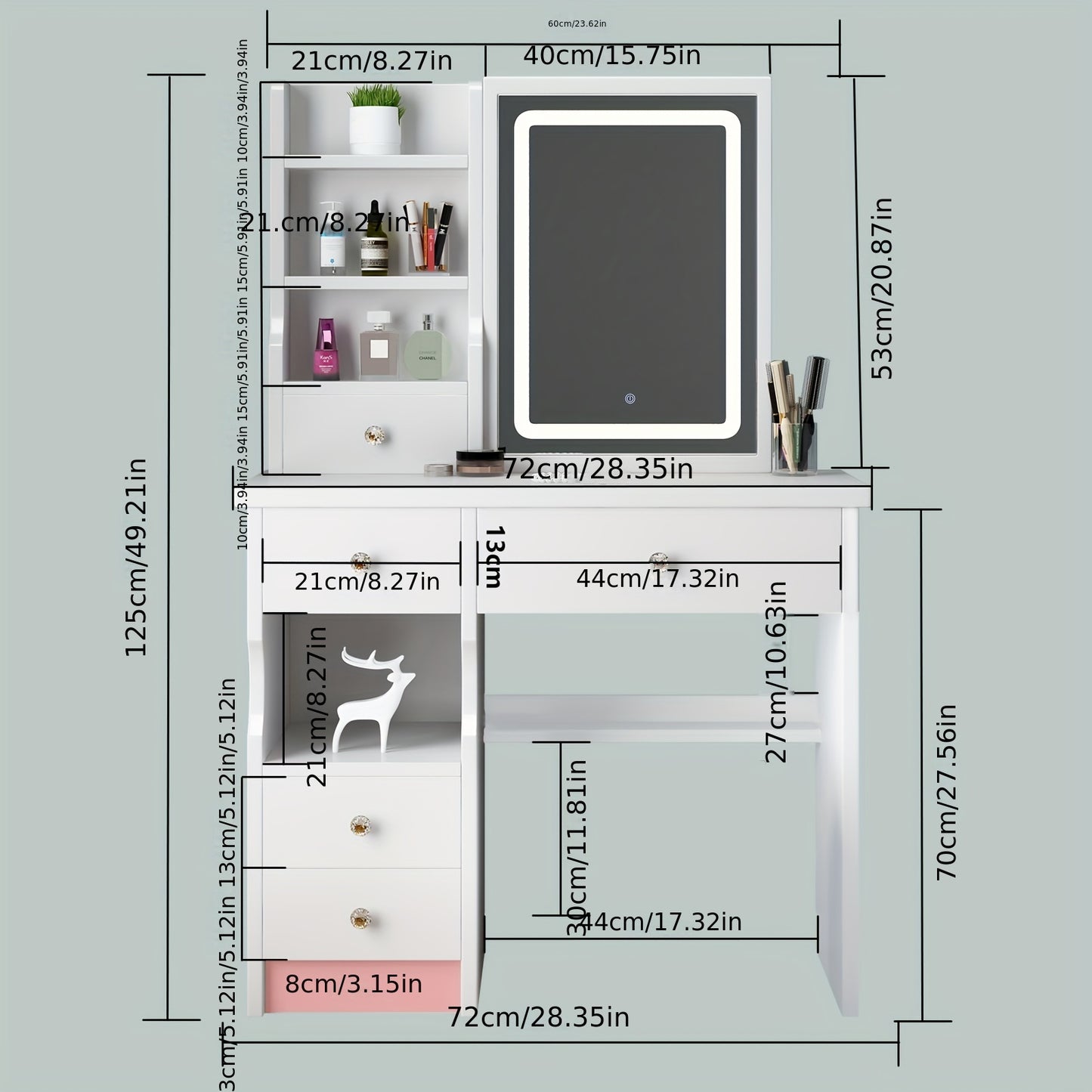 Vanity Desk, Makeup Vanity Desk with Mirror And Lights, Vanity Table Set with 5 Drawers, Stool And Open Shelves, 3 Light Settings Adjustable Brightness, White