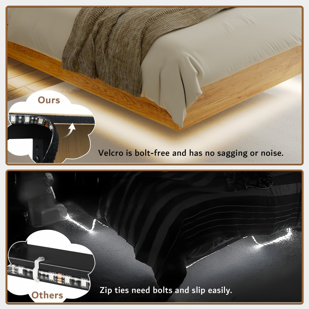 Floating Bed Frame with LED Lights Built-In Charging Station Wooden Headboard Heavy-Duty Metal Support Easy Assembly Bedroom Furniture