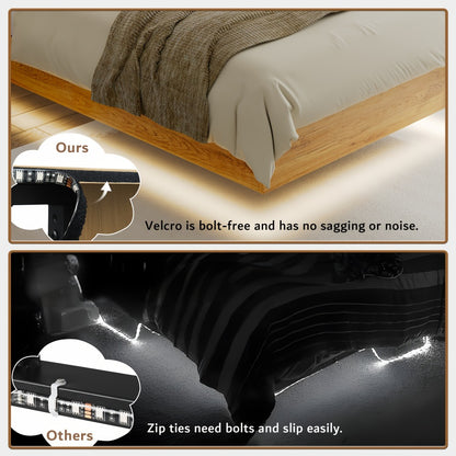 Floating Bed Frame with LED Lights Built-In Charging Station Wooden Headboard Heavy-Duty Metal Support Easy Assembly Bedroom Furniture